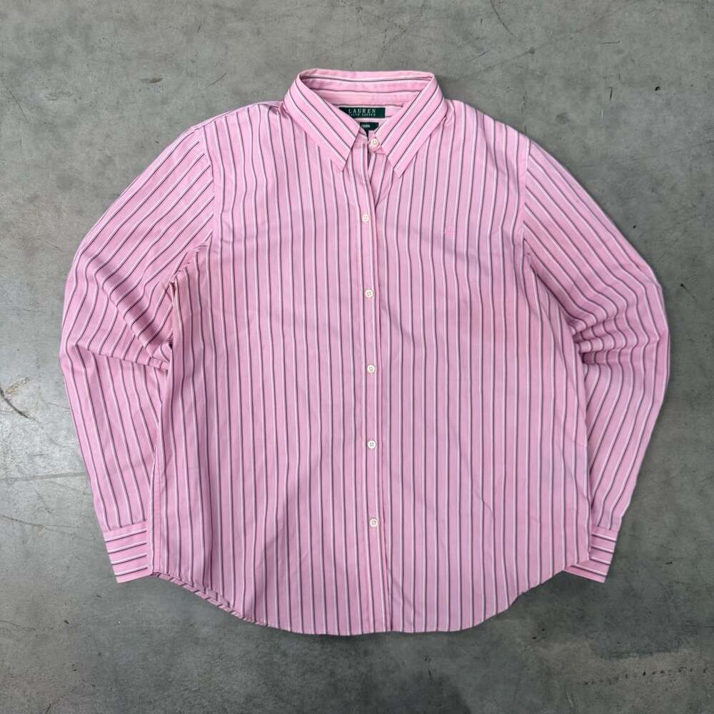 Lauren Ralph Lauren Long Sleeve Striped Shirt Size L Pink Non-Iron